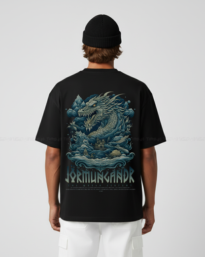 Jörmungandr Oversized T-Shirt – Norse Mythology World Serpent Graphic Tee | Viking Dragon Ocean God Design | Dark Streetwear Vintage Aesthetic Shirt