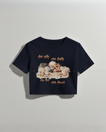 Seashells Graphic Crop Top – Trendy Summer Beachwear Tee, Nature Inspired Casual Oversized T-Shirt, Stylish Coastal Vibes Streetwear for Women