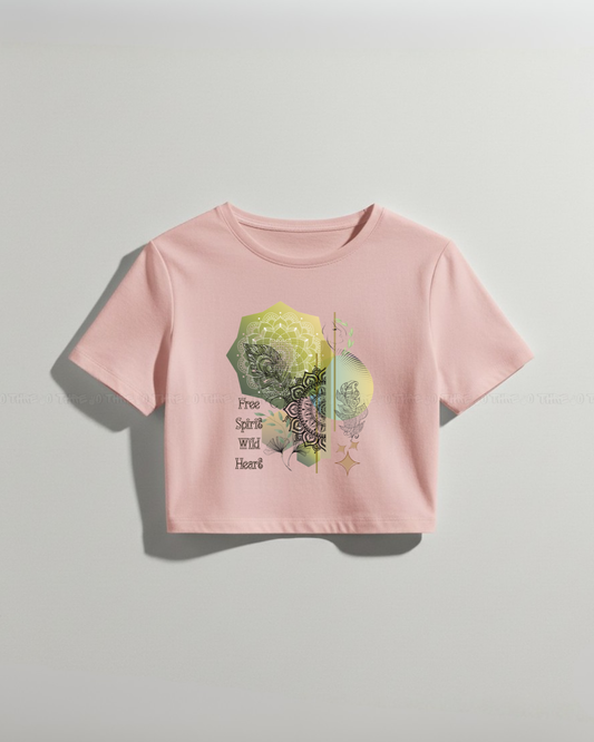 Women’s Boho Mandala Crop Top – Free Spirit Graphic Tee, Floral Abstract Design, Trendy Pink Streetwear, Casual Summer Style