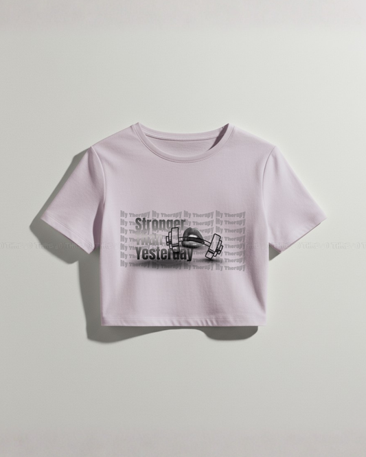 Women’s Motivational Workout Crop Top – ‘Stronger Than Yesterday’ Fitness Graphic Tee, Inspirational Gym Wear, Trendy Lilac Street Style, Casual Activewear