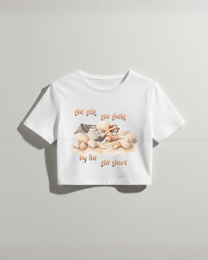 Seashells Graphic Crop Top – Trendy Summer Beachwear Tee, Nature Inspired Casual Oversized T-Shirt, Stylish Coastal Vibes Streetwear for Women
