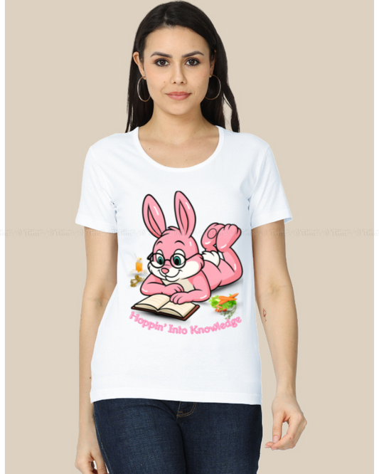 Hoppin’ Into Knowledge Bunny T-Shirt – Cute Pink Bunny Reading Graphic Tee for Book Lovers & Students