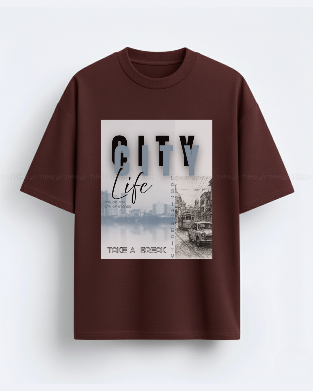 Urban sketch–style “City Life” graphic makes a great oversized unisex tee title like: City Life Streetcar Oversized Tee