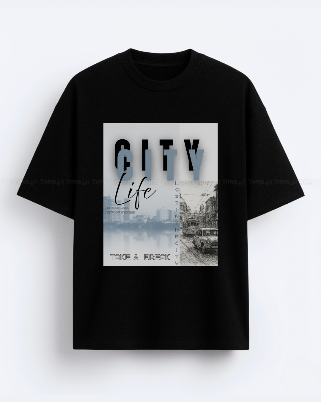 Urban sketch–style “City Life” graphic makes a great oversized unisex tee title like: City Life Streetcar Oversized Tee