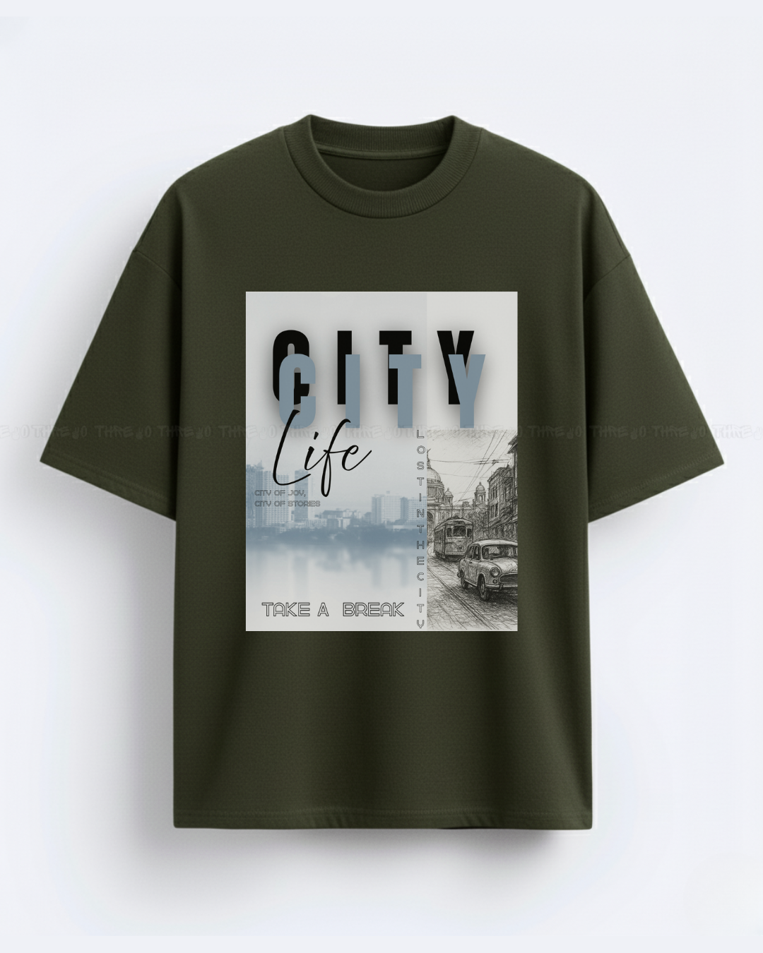 Urban sketch–style “City Life” graphic makes a great oversized unisex tee title like: City Life Streetcar Oversized Tee