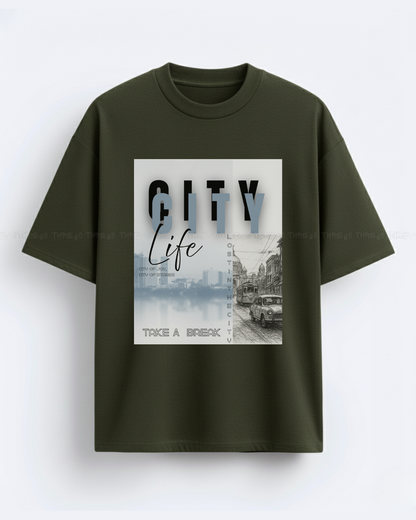 Urban sketch–style “City Life” graphic makes a great oversized unisex tee title like: City Life Streetcar Oversized Tee