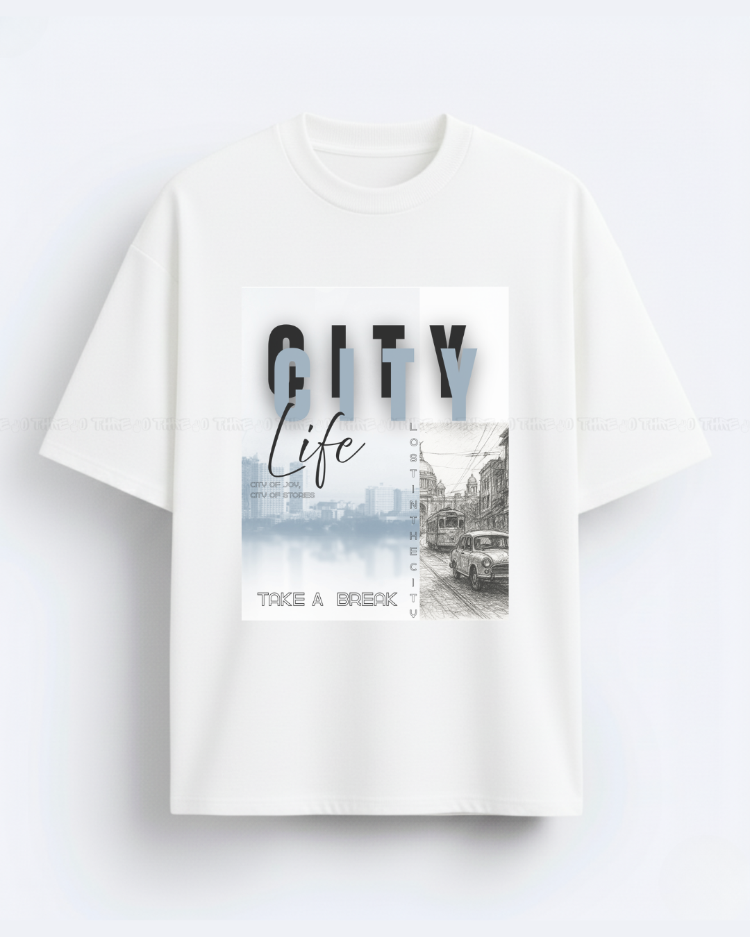 Urban sketch–style “City Life” graphic makes a great oversized unisex tee title like: City Life Streetcar Oversized Tee
