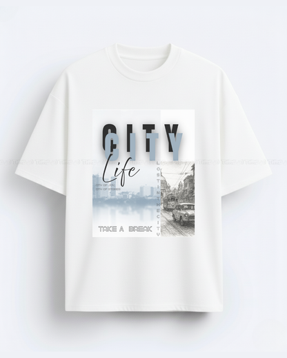 Urban sketch–style “City Life” graphic makes a great oversized unisex tee title like: City Life Streetcar Oversized Tee