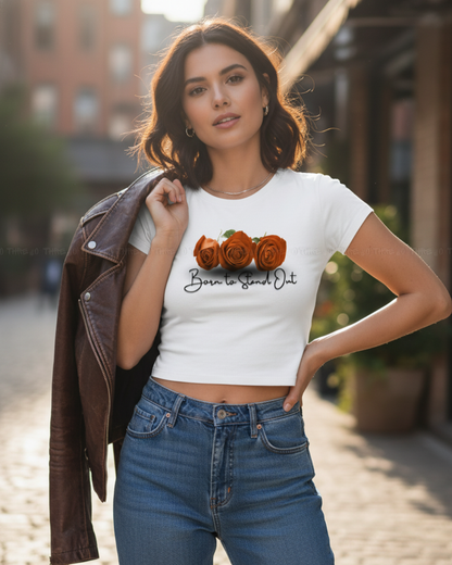 Born to Stand Out Floral Graphic Crop Top – Trendy Pink Short Sleeve T-Shirt for Women – Casual Streetwear Inspired Baby Tee