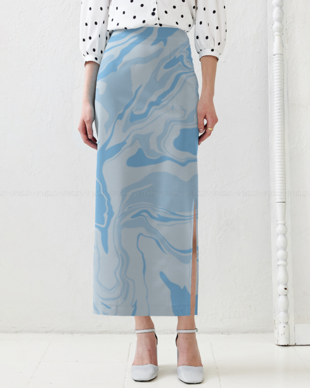 Blue Marble Pencil Skirt – Elegant High Waist Bodycon Skirt with Fluid Abstract Print for Women