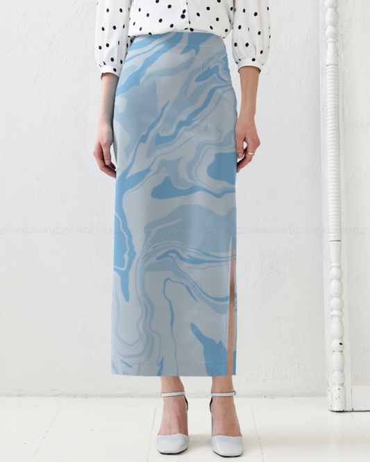 Blue Marble Pencil Skirt – Elegant High Waist Bodycon Skirt with Fluid Abstract Print for Women