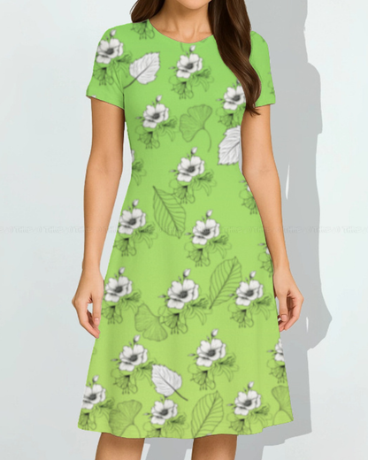 Green Floral A-Line Dress for Women – Nature Print Casual Summer Wear