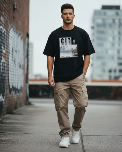 Urban sketch–style “City Life” graphic makes a great oversized unisex tee title like: City Life Streetcar Oversized Tee