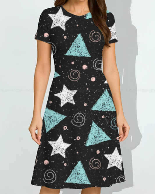 Star & Geo Pattern A-Line Dress for Women – Cute Casual Printed Summer Dress