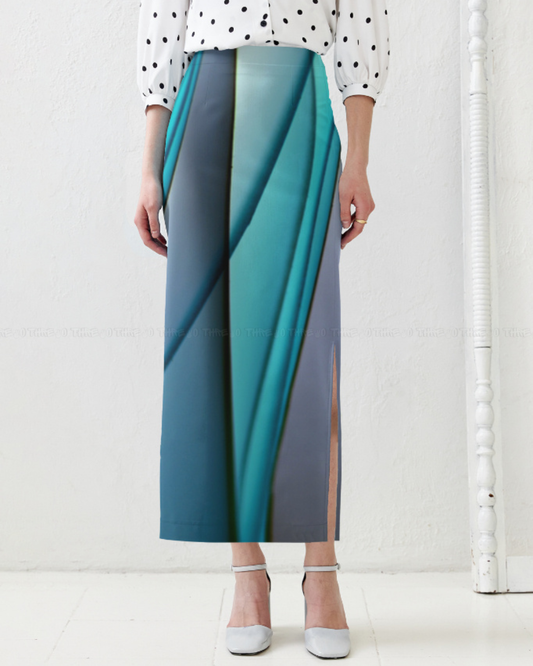 Teal Wave Pencil Skirt – Elegant Abstract Blue-Green High Waist Skirt for Women