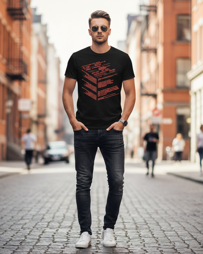 Futuristic Typography Graphic T-Shirt – Unisex Crew Neck Streetwear Tee with Red Tech Print